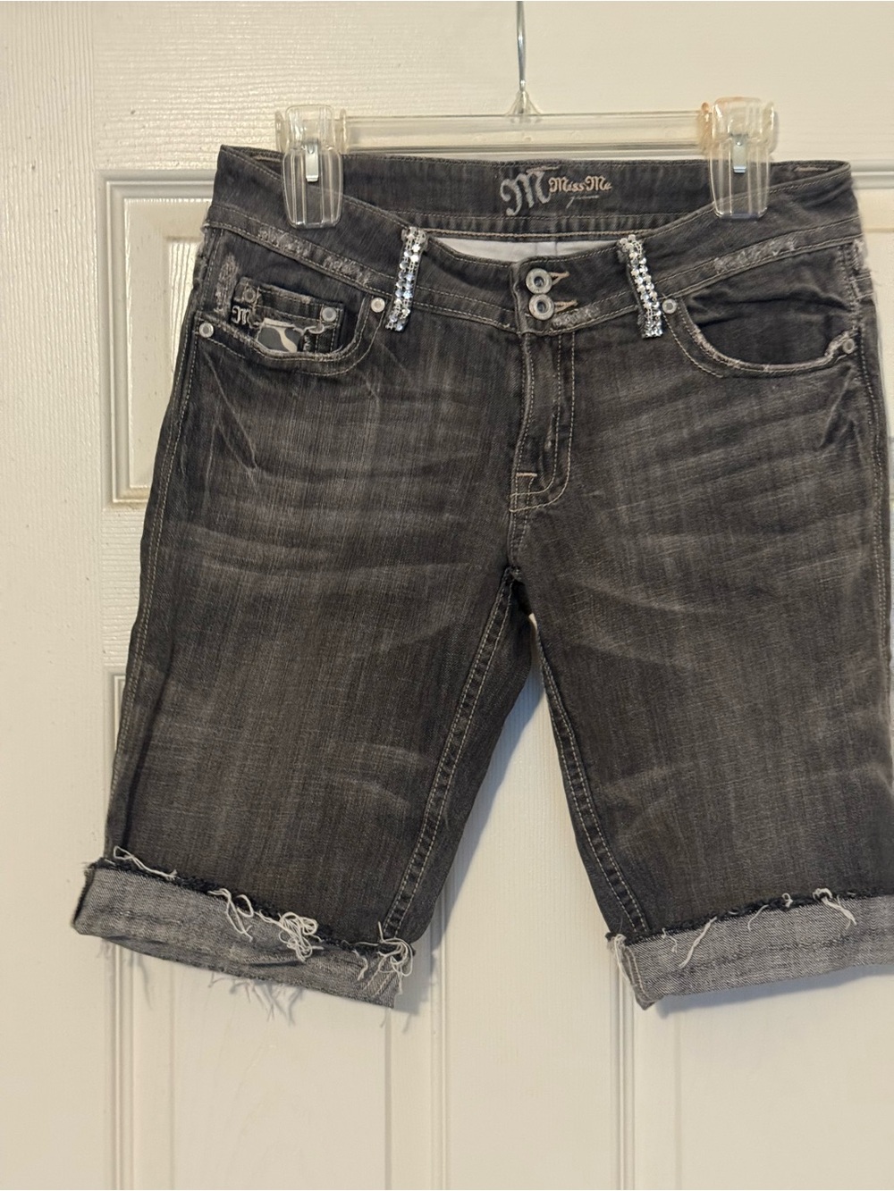 Miss Me Black Washed Distressed Denim Bermuda Shorts with Rhinestone Belt Loops